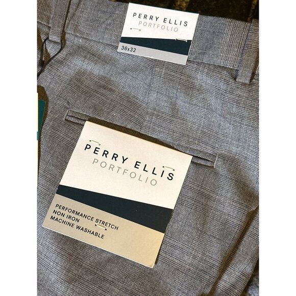 Perry Ellis Men's Slim Fit Stretch Non Iron Dress Pants, Grey Plaid, 36x32, NWT - Picture 2 of 4